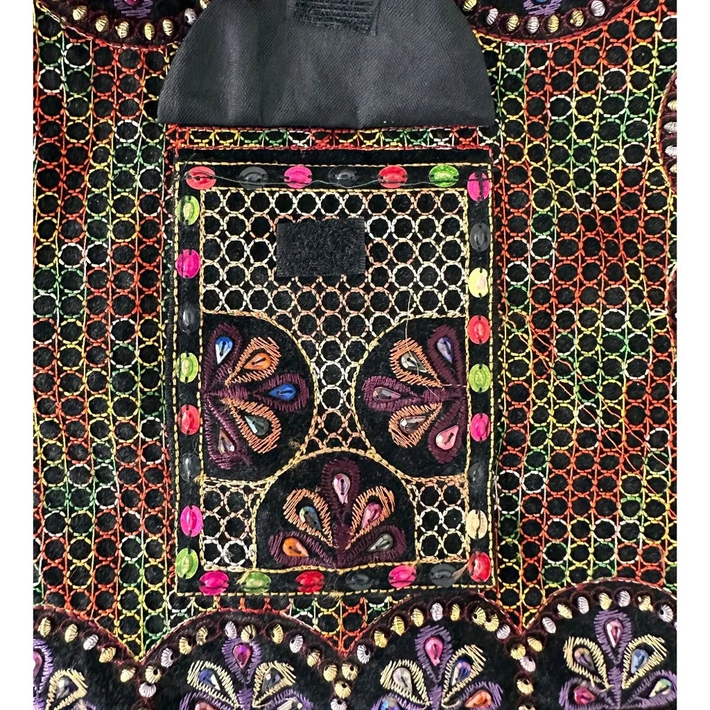 Black Crush Velvet Colorful  Front Embroidered Long Strap Purse
